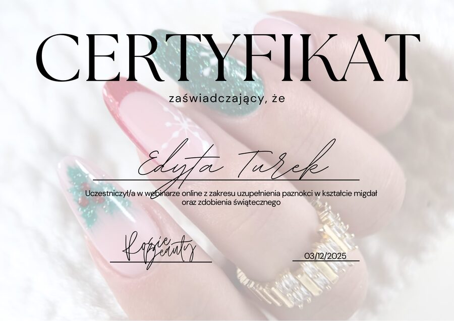 Certyfikat: webinar uzupełnianie paznokci migdał