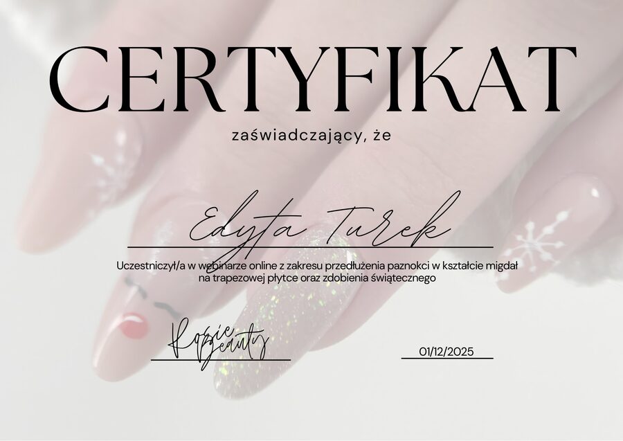 Certyfikat: webinar przedłużanie paznokci migdał na trapezowej płytce