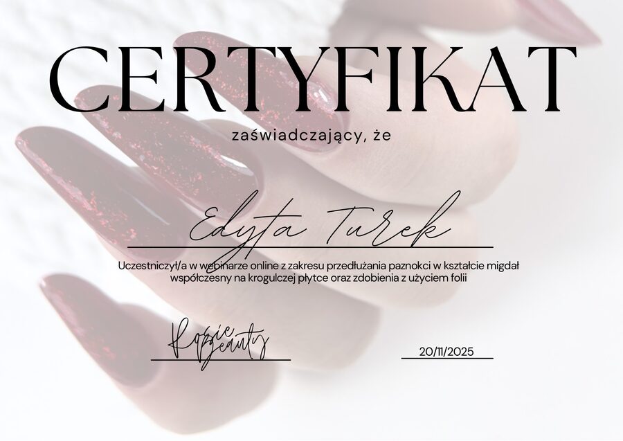 Certyfikat: webinar migdał współczesny na krogulcowej płytce